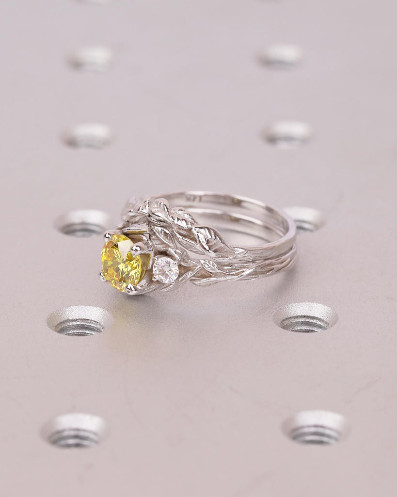 Nature Inspired Engagement Rings, Yellow Lab Grown Diamond Ring, 14k Solid Gold Bridal Ring Set image #3
