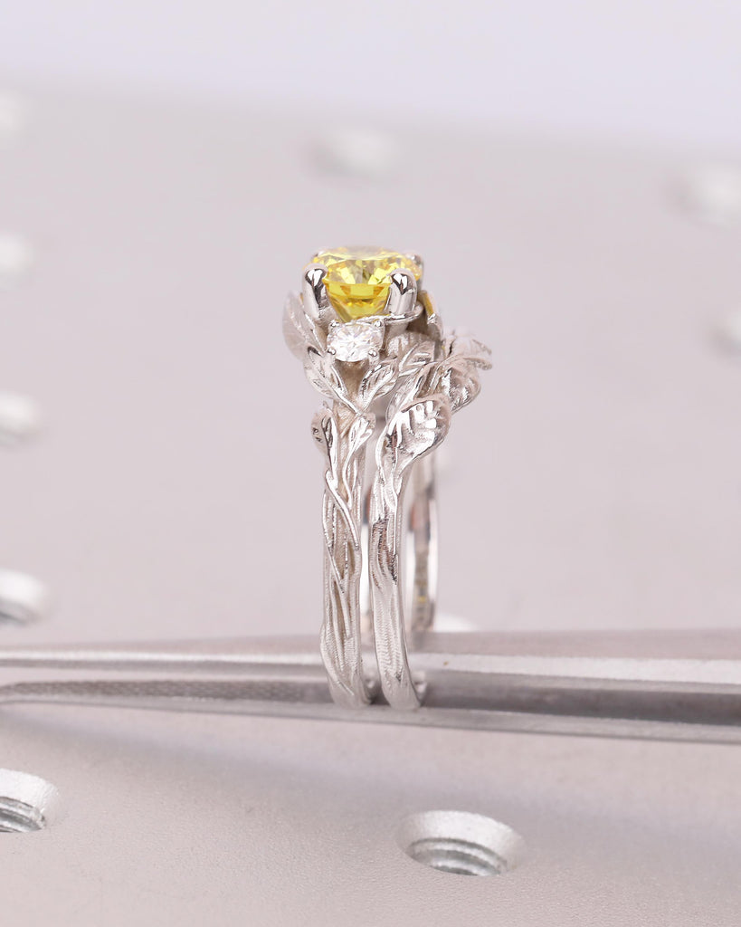 Yellow Lab Diamond Engagement Ring Set, Vintage 14k White Gold Wedding Anniversary Ring, Unique Nature Inspired Personalized Bridal Jewelry image #18