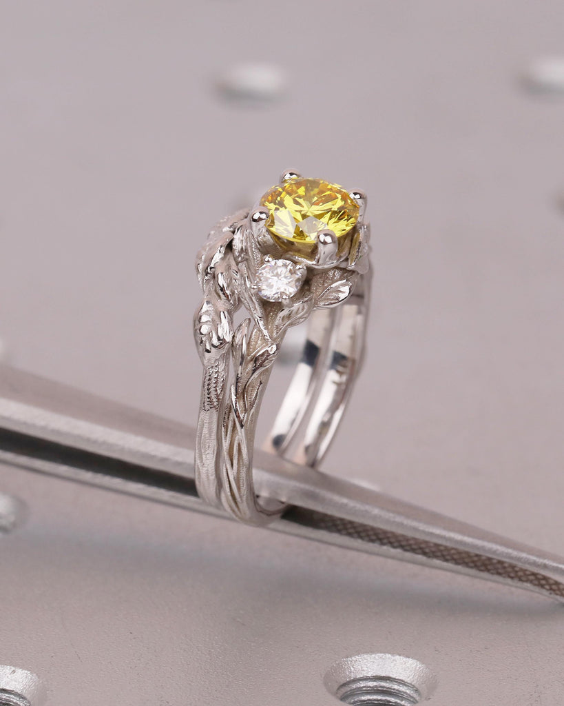 Round Yellow Lab Grown Diamond Engagement Ring Set in White Gold, Nature Inspired Ring image #18