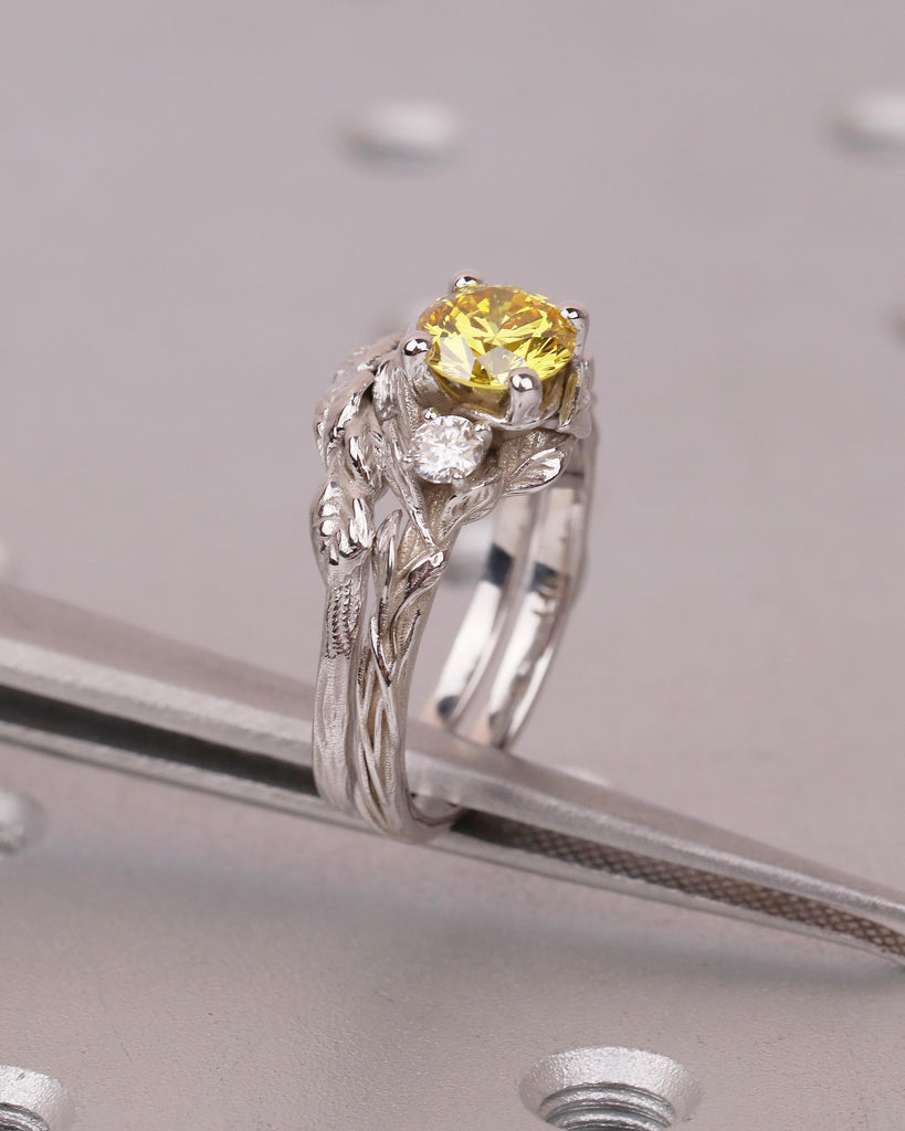 14k Gold Wedding Ring Set, Yellow Lab Diamond Engagement Ring, Moissanite Accents, Vintage Style Stackable Rings for Women, Nature Jewelry image #18