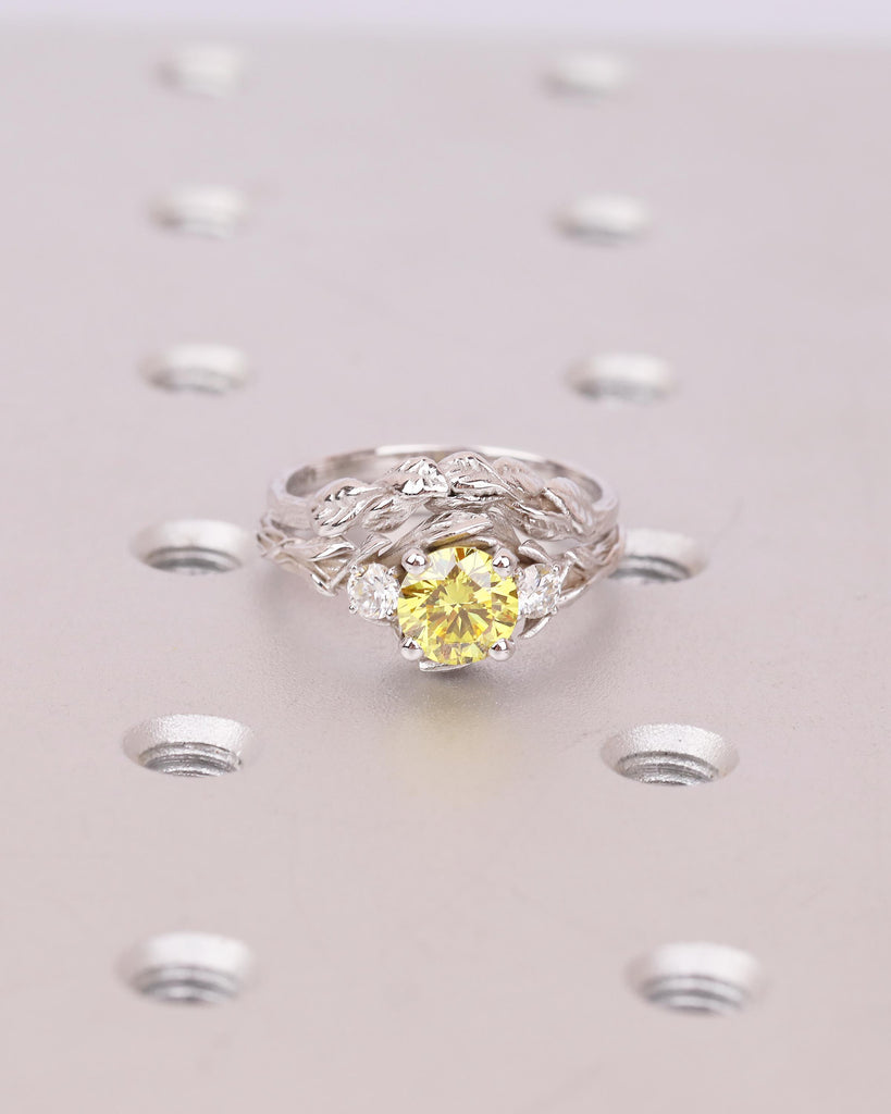 Yellow Lab Diamond Engagement Ring Set, Vintage 14k White Gold Wedding Anniversary Ring, Unique Nature Inspired Personalized Bridal Jewelry image #17