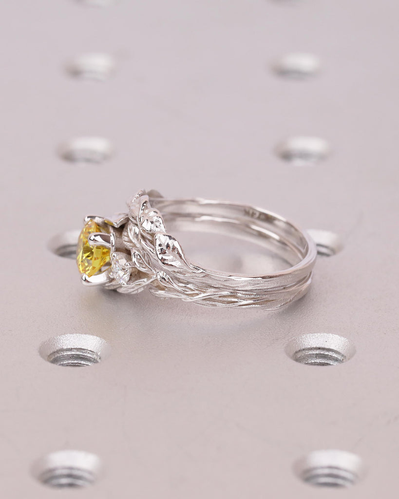 Yellow Lab Diamond Engagement Ring Set, Vintage 14k White Gold Wedding Anniversary Ring, Unique Nature Inspired Personalized Bridal Jewelry image #15
