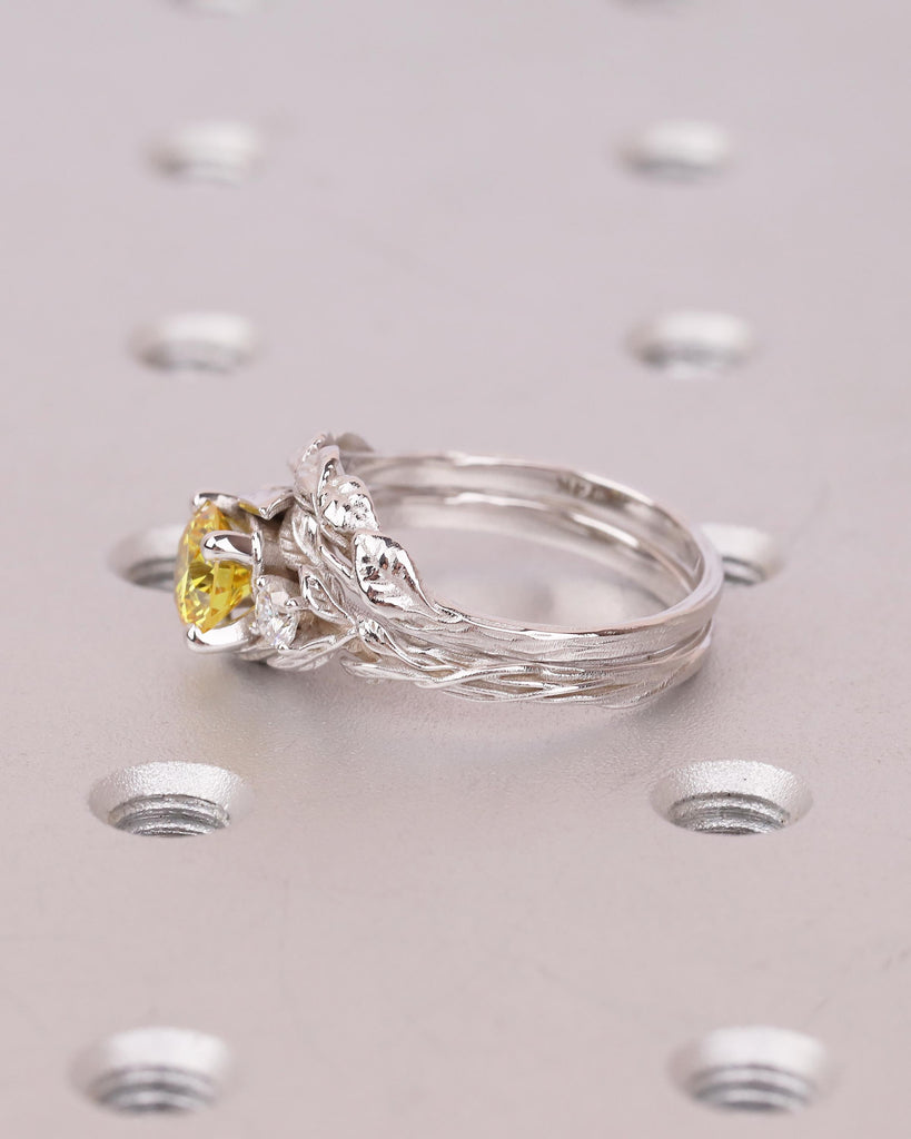Nature Inspired Engagement Rings, Yellow Lab Grown Diamond Ring, 14k Solid Gold Bridal Ring Set image #15