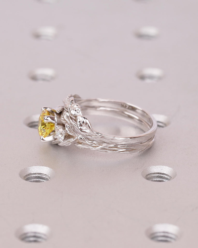 Round Yellow Lab Grown Diamond Engagement Ring Set in White Gold, Nature Inspired Ring image #13