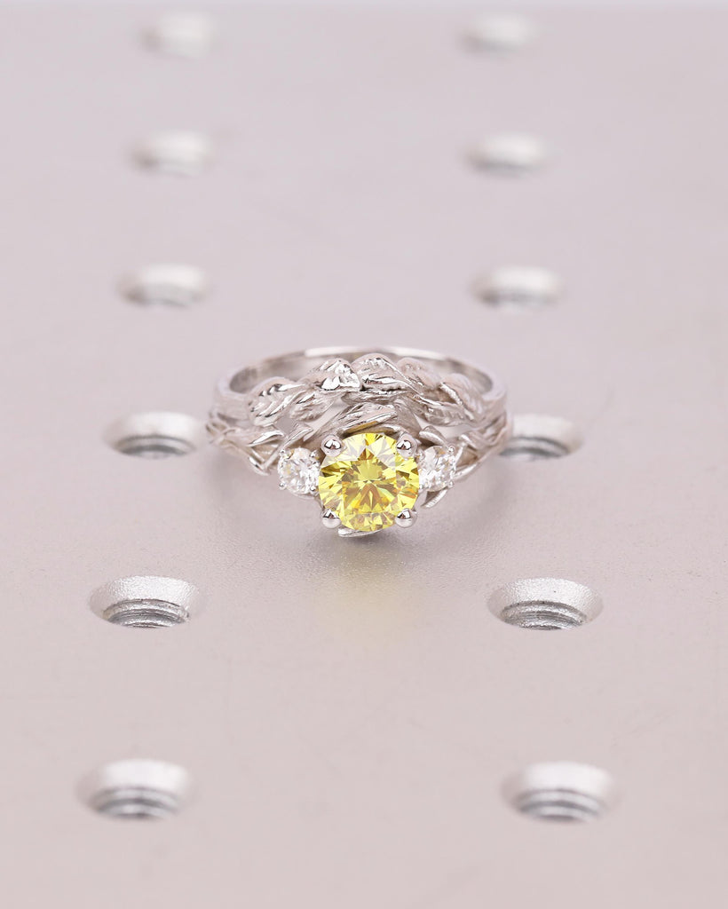 Round Yellow Lab Grown Diamond Engagement Ring Set in White Gold, Nature Inspired Ring image #7