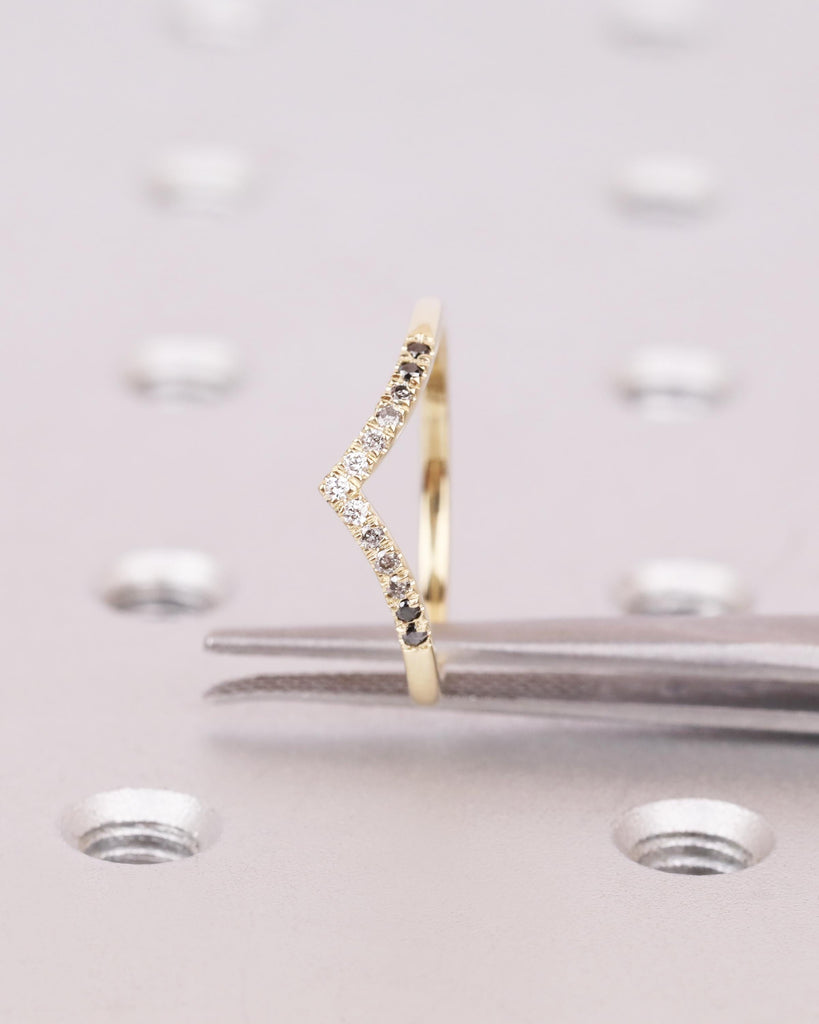 14K Gold Art Deco Curved Wedding Band, Ombre Diamond Matching Ring, V Shaped Chevron Stacking Ring, Nesting Ring, Anniversary Gift for Wife image #4