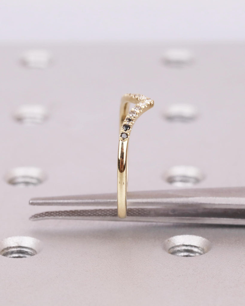14K Gold Art Deco Curved Wedding Band, Ombre Diamond Matching Ring, V Shaped Chevron Stacking Ring, Nesting Ring, Anniversary Gift for Wife image #7
