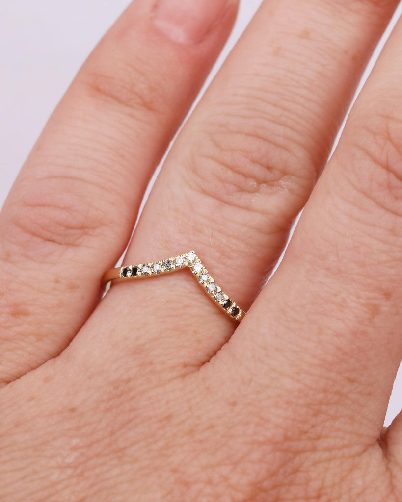 14K Gold Art Deco Curved Wedding Band, Ombre Diamond Matching Ring, V Shaped Chevron Stacking Ring, Nesting Ring, Anniversary Gift for Wife image #2