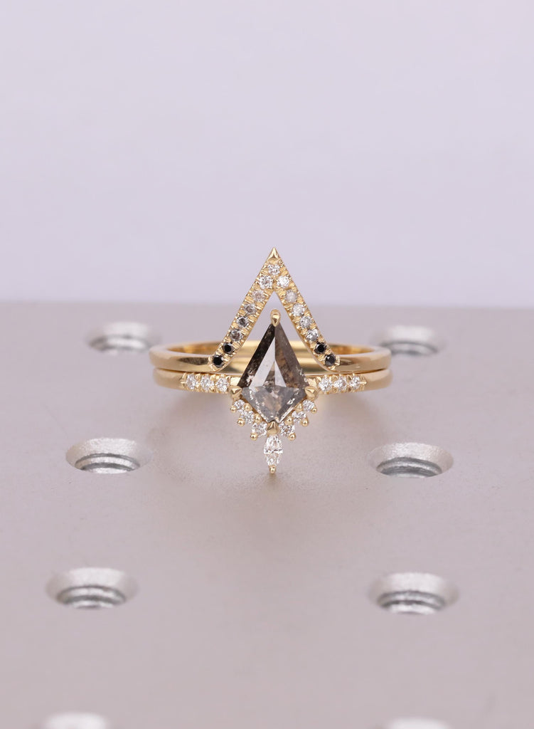 Kite Salt and Pepper Diamond Ring Set, Chevron Diamond Band, Unique 14k /18K Gold Engagement Ring, Two Piece Nesting Bridal Set image #16