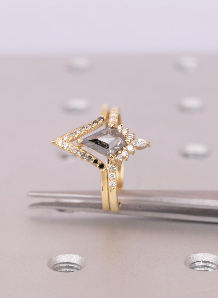 Kite Salt and Pepper Diamond Ring Set, Chevron Diamond Band, Unique 14k /18K Gold Engagement Ring, Two Piece Nesting Bridal Set image #7