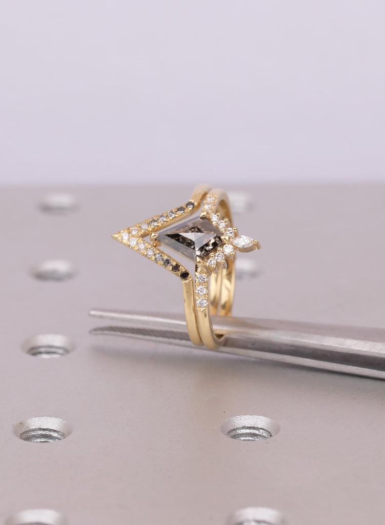 Kite Salt and Pepper Diamond Ring Set, Chevron Diamond Band, Unique 14k /18K Gold Engagement Ring, Two Piece Nesting Bridal Set image #6