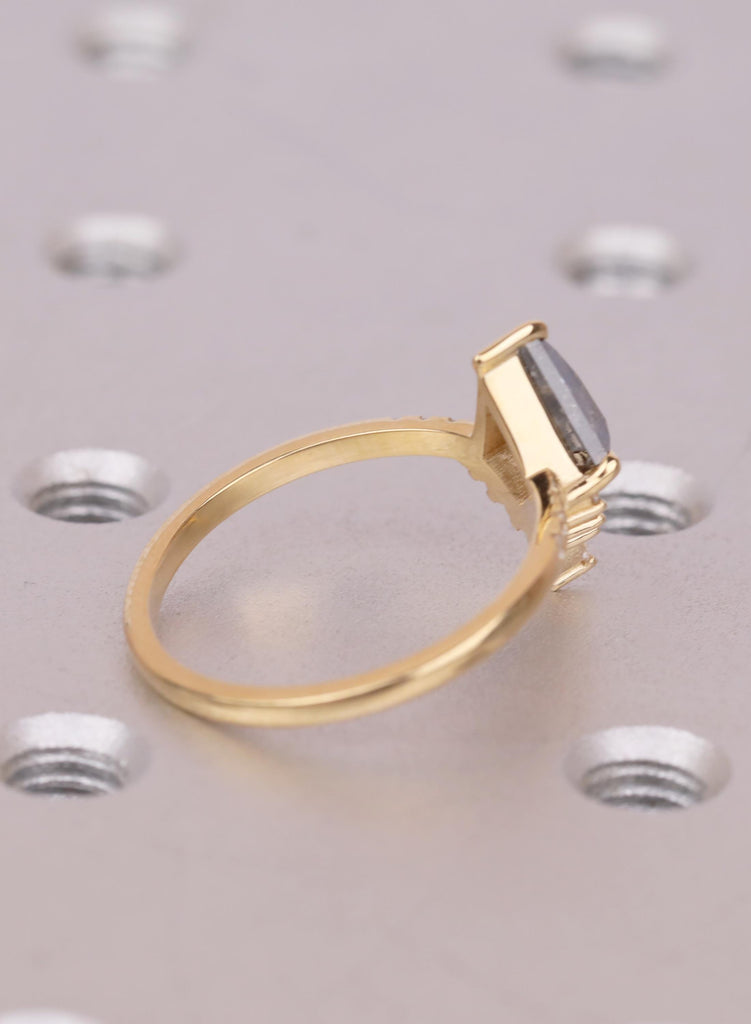 Kite Diamond Ring, Salt and Pepper Diamond Ring, Unique Engagement Ring, 18k Gold Cluster Ring, Pave Band Diamond Ring, Kite Cut Ring image #5