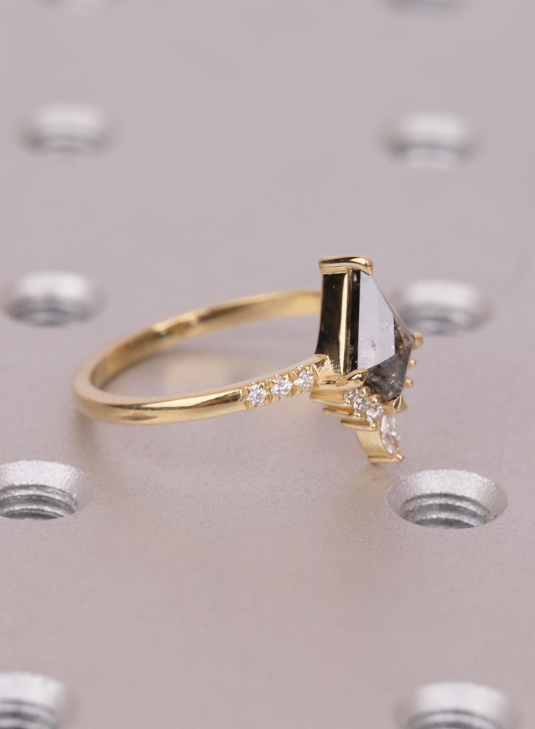 Kite Diamond Ring, Salt and Pepper Diamond Ring, Unique Engagement Ring, 18k Gold Cluster Ring, Pave Band Diamond Ring, Kite Cut Ring image #4