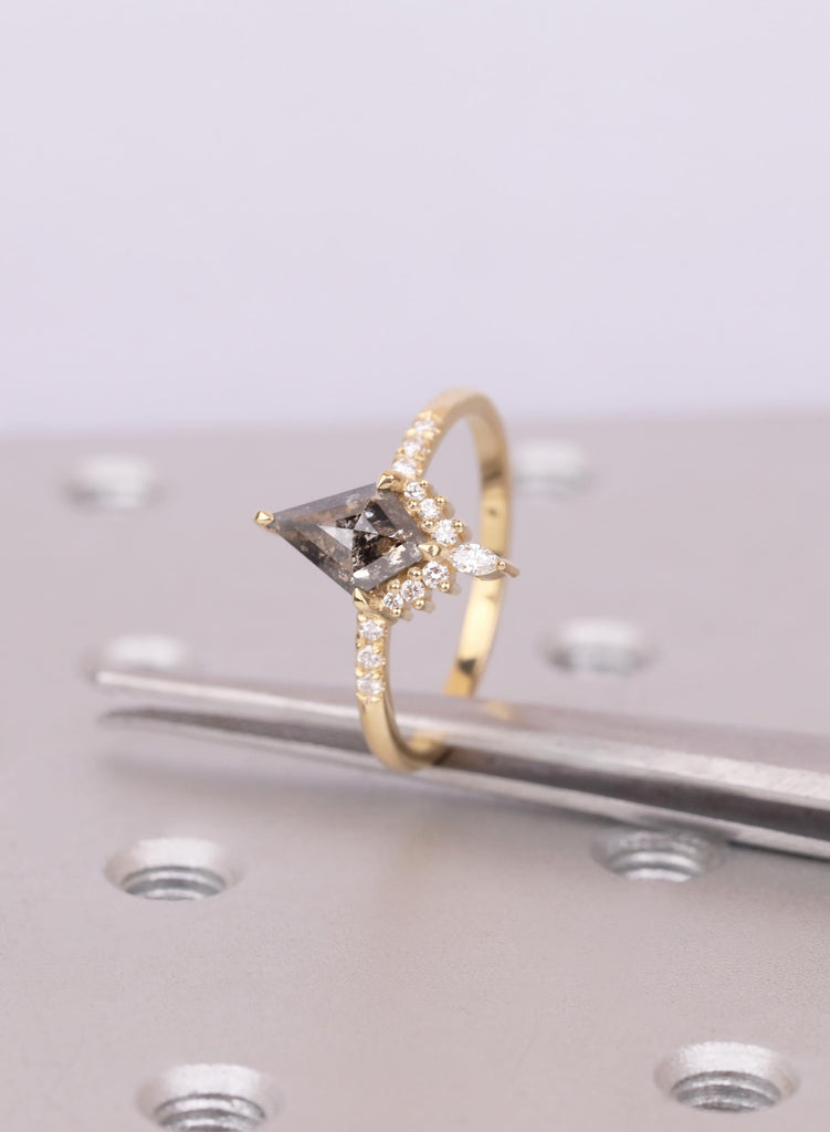 Kite Diamond Ring, Salt and Pepper Diamond Ring, Unique Engagement Ring, 18k Gold Cluster Ring, Pave Band Diamond Ring, Kite Cut Ring image #9