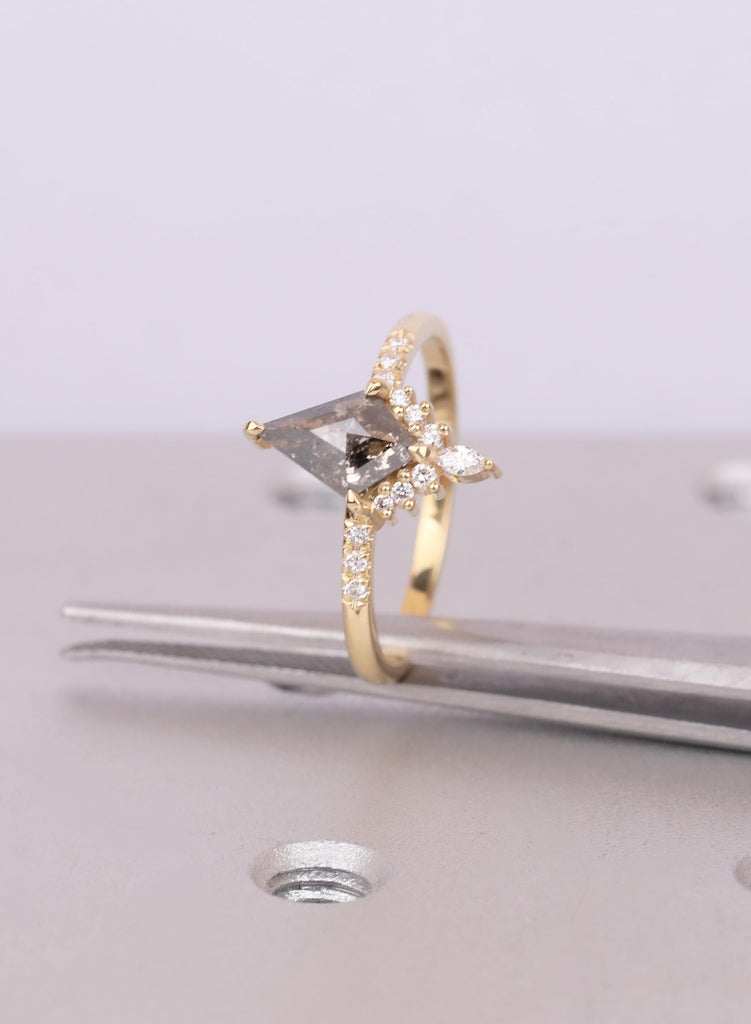 Kite Diamond Ring, Salt and Pepper Diamond Ring, Unique Engagement Ring, 18k Gold Cluster Ring, Pave Band Diamond Ring, Kite Cut Ring image #11