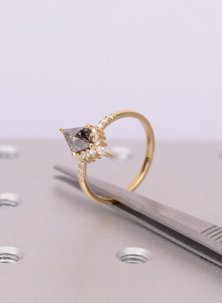 Kite Diamond Ring, Salt and Pepper Diamond Ring, Unique Engagement Ring, 18k Gold Cluster Ring, Pave Band Diamond Ring, Kite Cut Ring image #10