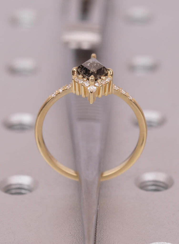 Kite Diamond Ring, Salt and Pepper Diamond Ring, Unique Engagement Ring, 18k Gold Cluster Ring, Pave Band Diamond Ring, Kite Cut Ring image #16