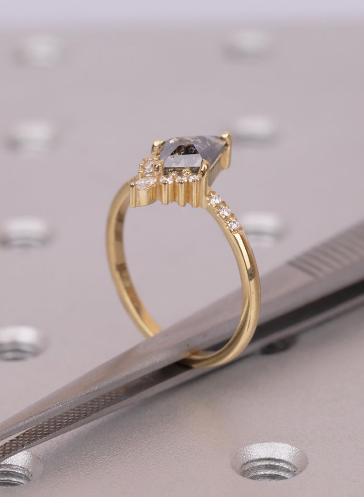 Kite Diamond Ring, Salt and Pepper Diamond Ring, Unique Engagement Ring, 18k Gold Cluster Ring, Pave Band Diamond Ring, Kite Cut Ring image #18