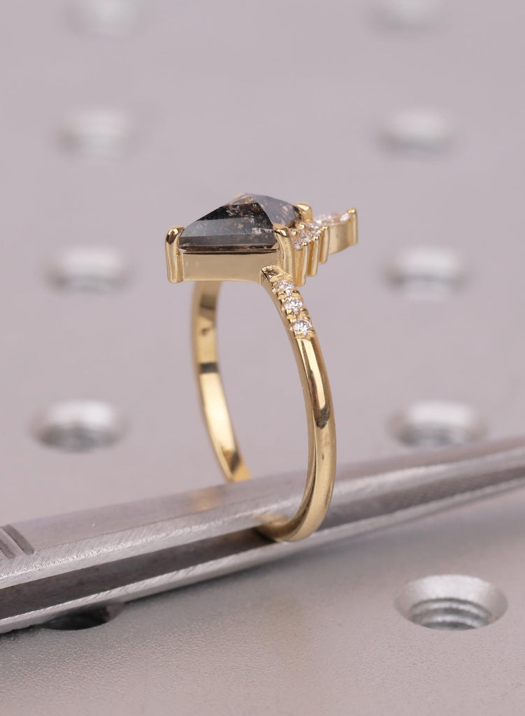 Kite Diamond Ring, Salt and Pepper Diamond Ring, Unique Engagement Ring, 18k Gold Cluster Ring, Pave Band Diamond Ring, Kite Cut Ring image #14