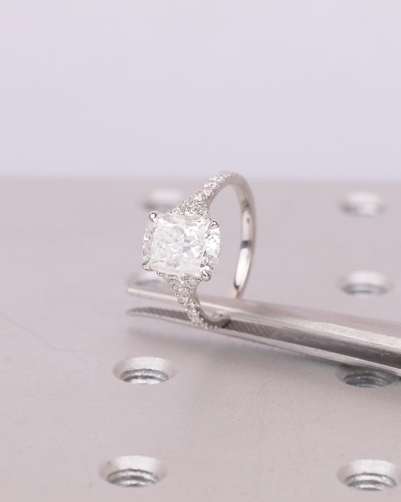 Cushion Cut Lab Grown Diamond Cluster Ring, Art Deco 18k/14k White Gold Wedding Ring, Unique Engagement Ring, Custom Bridal Jewelry for Her image #16