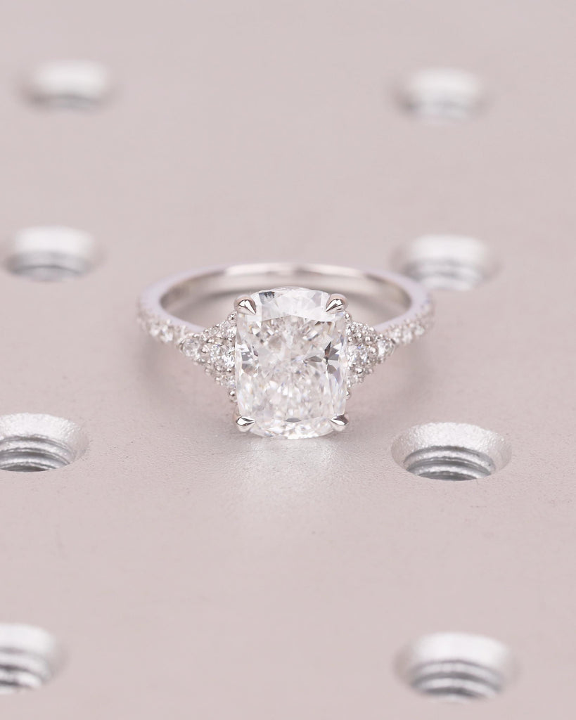 Cushion Cut Lab Grown Diamond Cluster Ring, Art Deco 18k/14k White Gold Wedding Ring, Unique Engagement Ring, Custom Bridal Jewelry for Her image #9