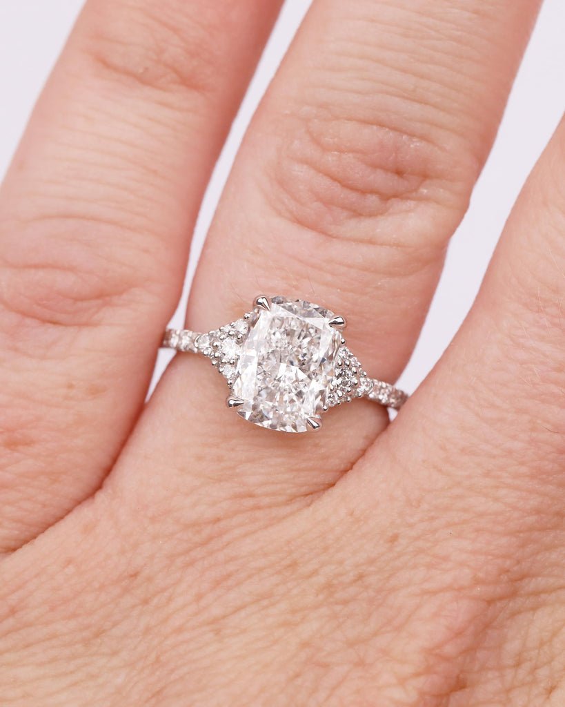 Cushion Cut Lab Grown Diamond Cluster Ring, Art Deco 18k/14k White Gold Wedding Ring, Unique Engagement Ring, Custom Bridal Jewelry for Her image #17