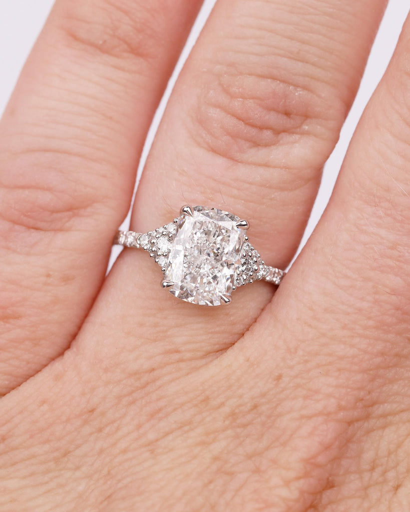Cushion Cut Lab Grown Diamond Cluster Ring, Art Deco 18k/14k White Gold Wedding Ring, Unique Engagement Ring, Custom Bridal Jewelry for Her image #10