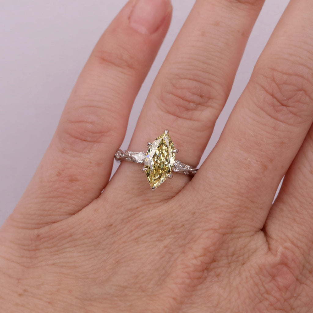 2ct Canary Yellow Lab Created Diamond Unique Engagement Ring | Marquise Victorian Wedding Jewelry | Handmade Milgrain Gold Rings for Women image #2