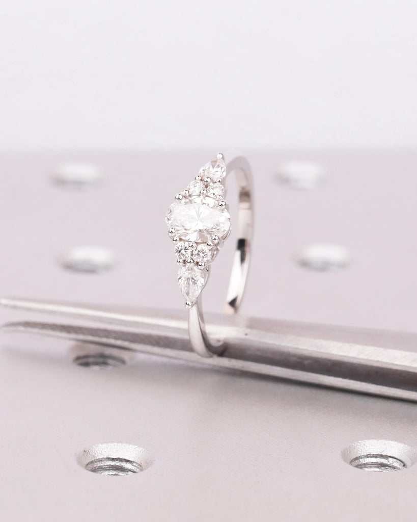 Oval Lab Grown Diamond Ring, Vintage Art Deco Diamond Ring, Pear & Round Accent Diamonds, Dainty 14k Gold Ring, Unique Bridal Jewelry image #5