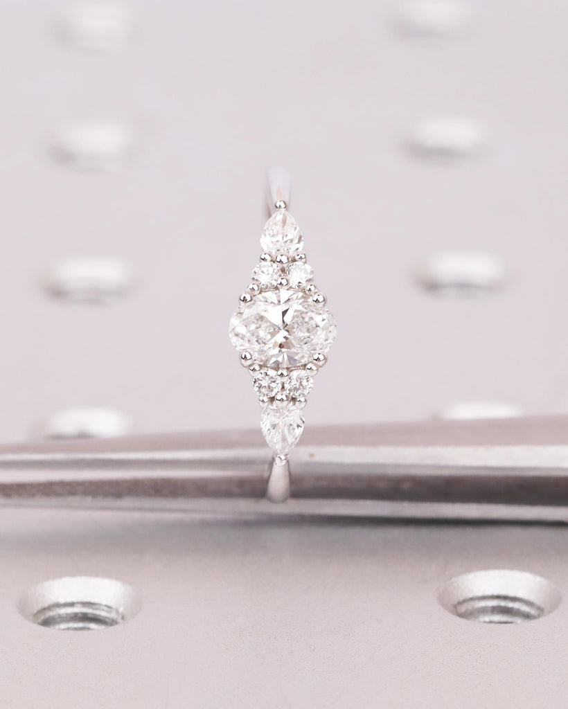 Oval Lab Grown Diamond Ring, Vintage Art Deco Diamond Ring, Pear & Round Accent Diamonds, Dainty 14k Gold Ring, Unique Bridal Jewelry image #6