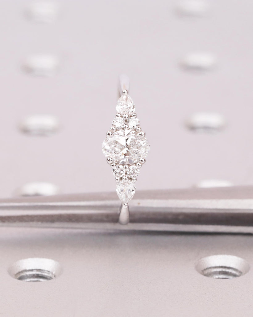 Moissanite Oval Engagement Ring, 0.5ct up to 4ct, 14k Solid Gold Vintage Engagement Ring, Unique Diamond Cluster Ring, Art Deco Promise Ring image #7