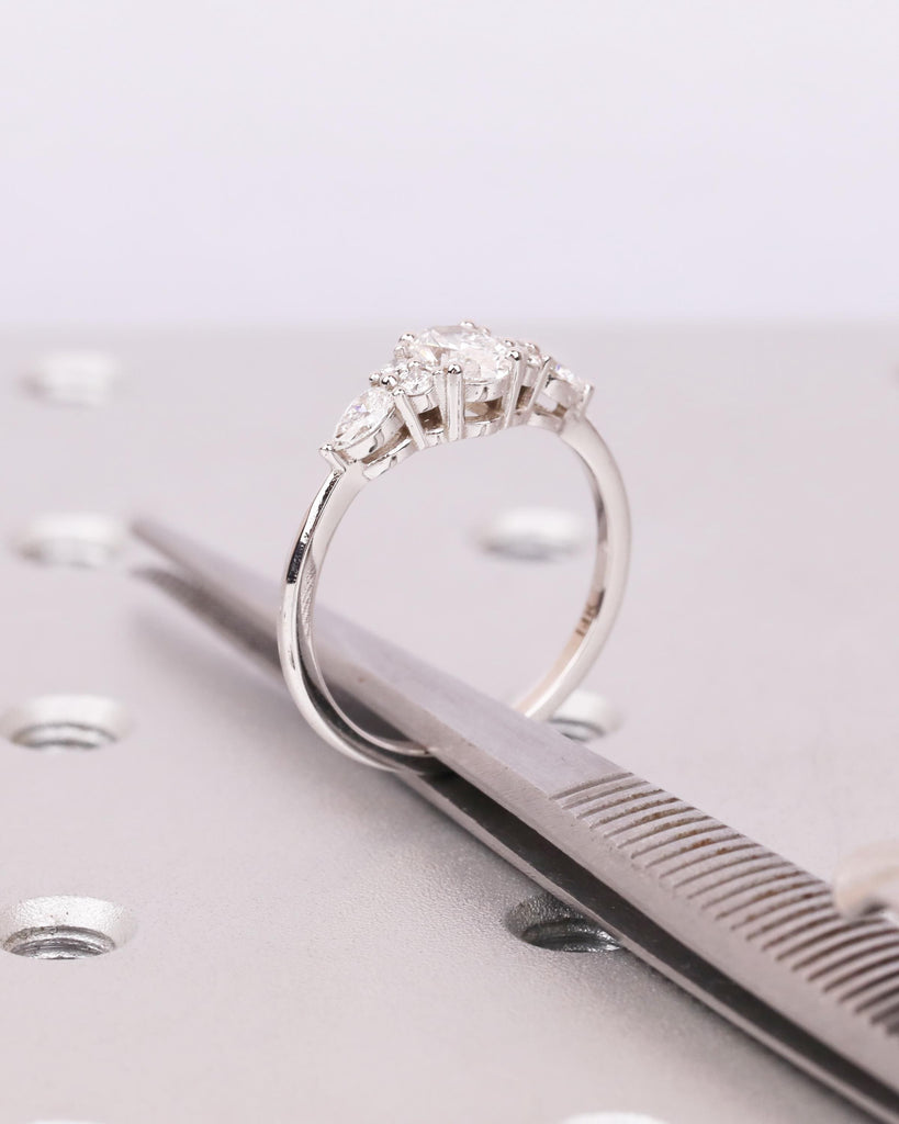 Oval Moissanite Engagement Ring in 14k Solid Gold, Vintage Art Deco Diamond Cluster Ring, Pear & Round Side Stones, Unique Anniversary Ring image #9