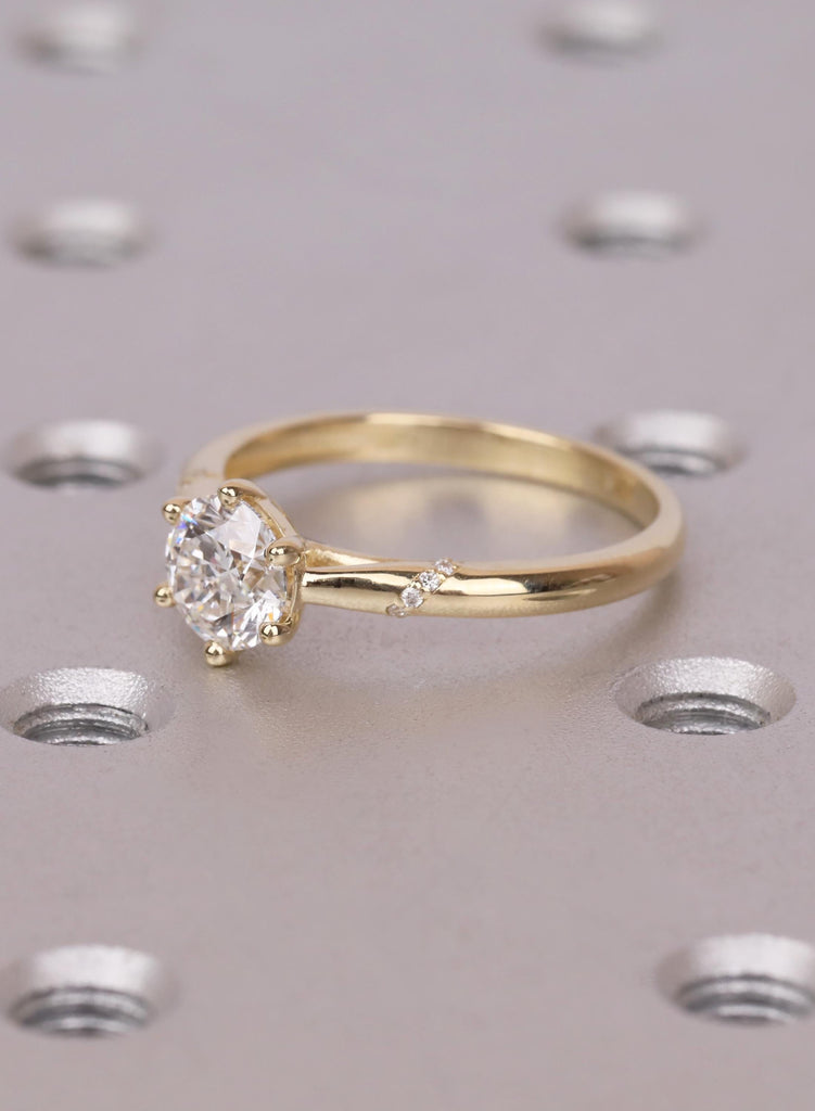 Cathedral Engagement Ring, 14K Yellow Gold Round Moissanite Ring, Six Prong Twisted Band Ring, Round Diamond Accent Ring, Unique Bridal Ring image #9