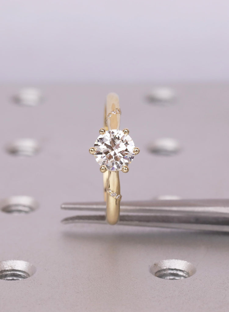 Cathedral Engagement Ring, 14K Yellow Gold Round Moissanite Ring, Six Prong Twisted Band Ring, Round Diamond Accent Ring, Unique Bridal Ring image #13