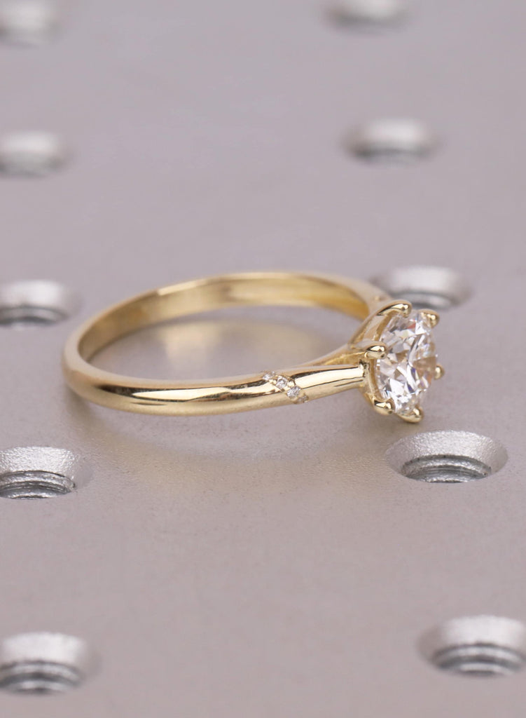 1ct Round Diamond Engagement Ring, 14k Gold Cathedral Setting, Six Prong Ring with Side Accents, Scattered Diamond Shoulders, Bridal Ring image #4