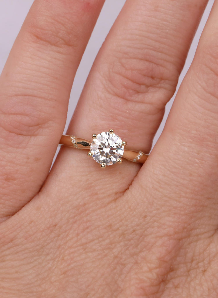1ct Round Diamond Engagement Ring, 14k Gold Cathedral Setting, Six Prong Ring with Side Accents, Scattered Diamond Shoulders, Bridal Ring image #2