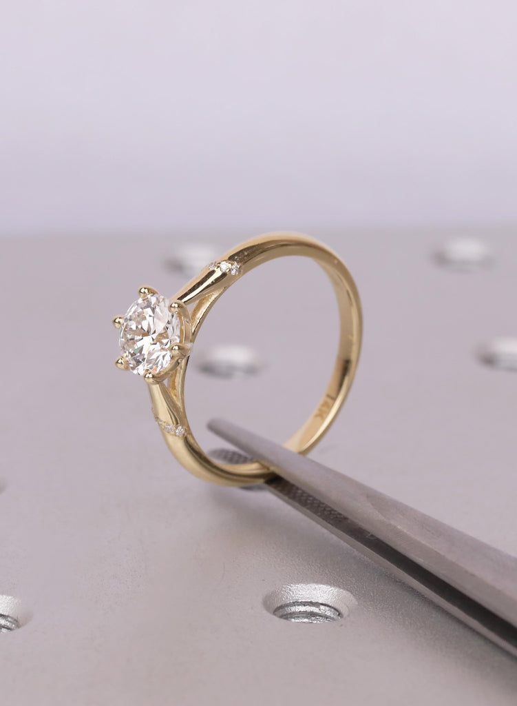 Round Cut Lab Diamond Accent Ring, 14K Yellow Gold Cathedral Ring, Vintage Style Engagement Ring for Her, Anniversary Gift, Promise Ring image #11
