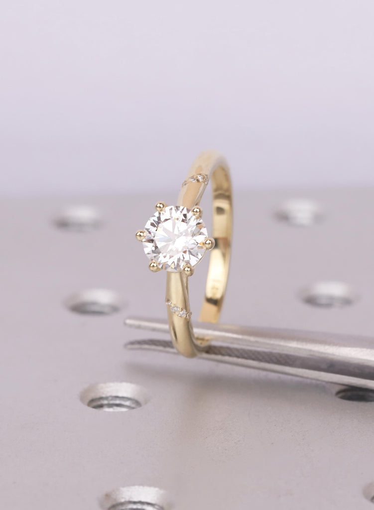 Round Cut Lab Diamond Accent Ring, 14K Yellow Gold Cathedral Ring, Vintage Style Engagement Ring for Her, Anniversary Gift, Promise Ring image #12