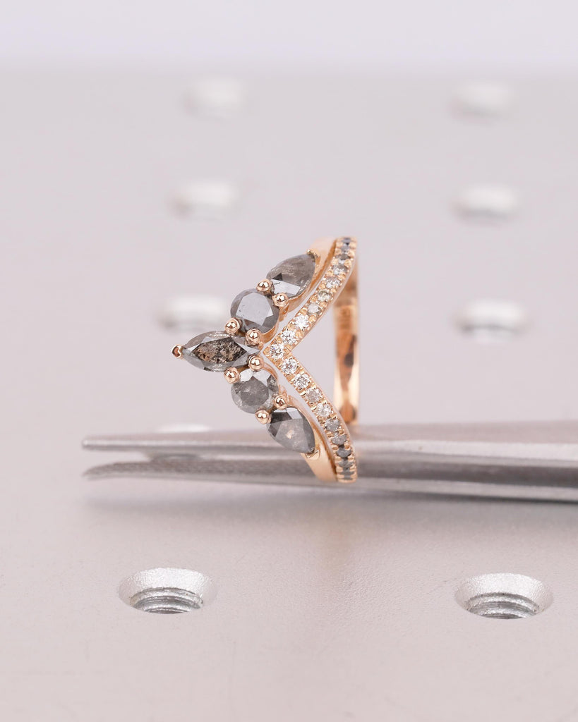 Vintage Salt and Pepper Diamond Wedding Band Women, Rose Gold Chevron Ring, Art Deco Matching Rings, Half Eternity Ring, Handmade Jewelry image #4