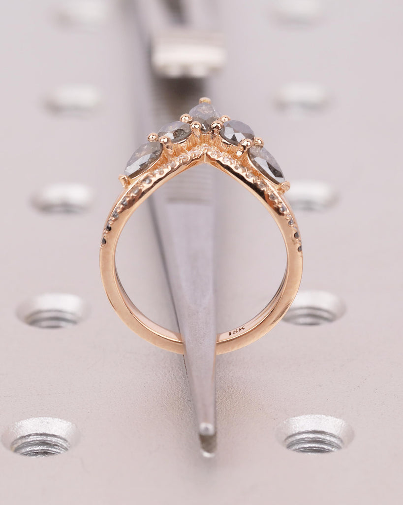 Vintage Salt and Pepper Diamond Wedding Band Women, Rose Gold Chevron Ring, Art Deco Matching Rings, Half Eternity Ring, Handmade Jewelry image #7