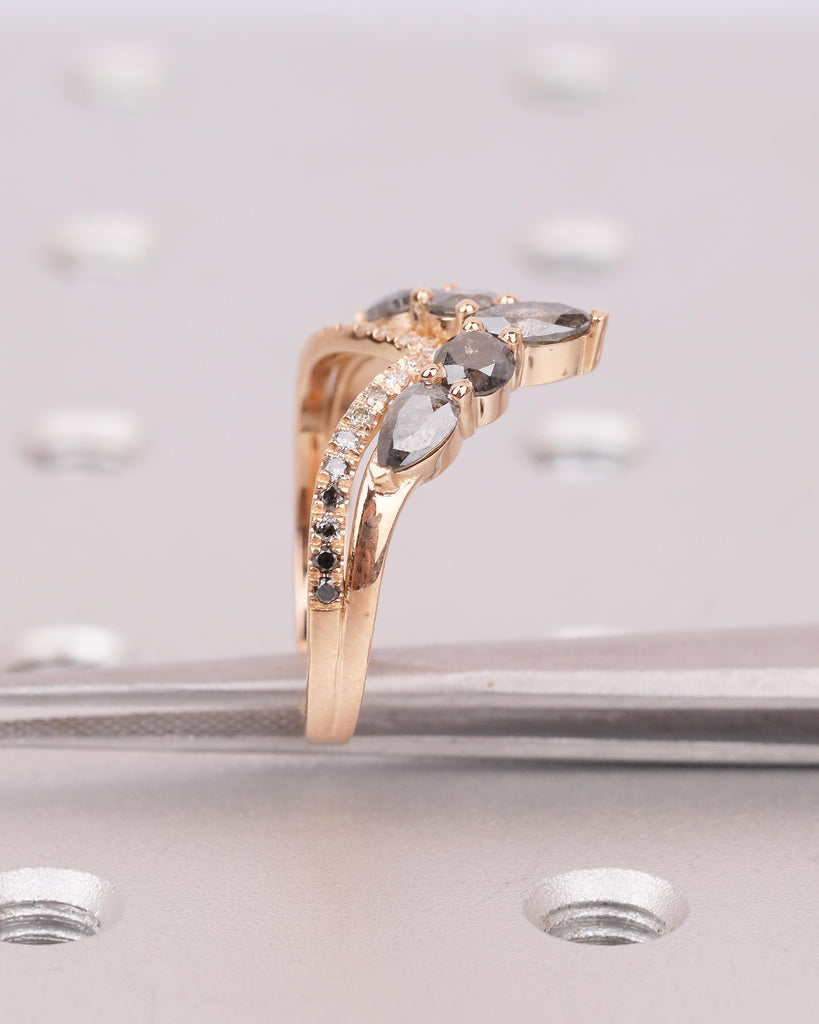 Vintage Salt and Pepper Diamond Wedding Band Women, Rose Gold Chevron Ring, Art Deco Matching Rings, Half Eternity Ring, Handmade Jewelry image #5
