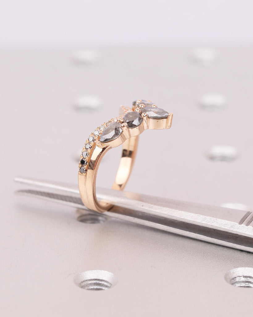 Vintage Salt and Pepper Diamond Wedding Band Women, Rose Gold Chevron Ring, Art Deco Matching Rings, Half Eternity Ring, Handmade Jewelry image #14