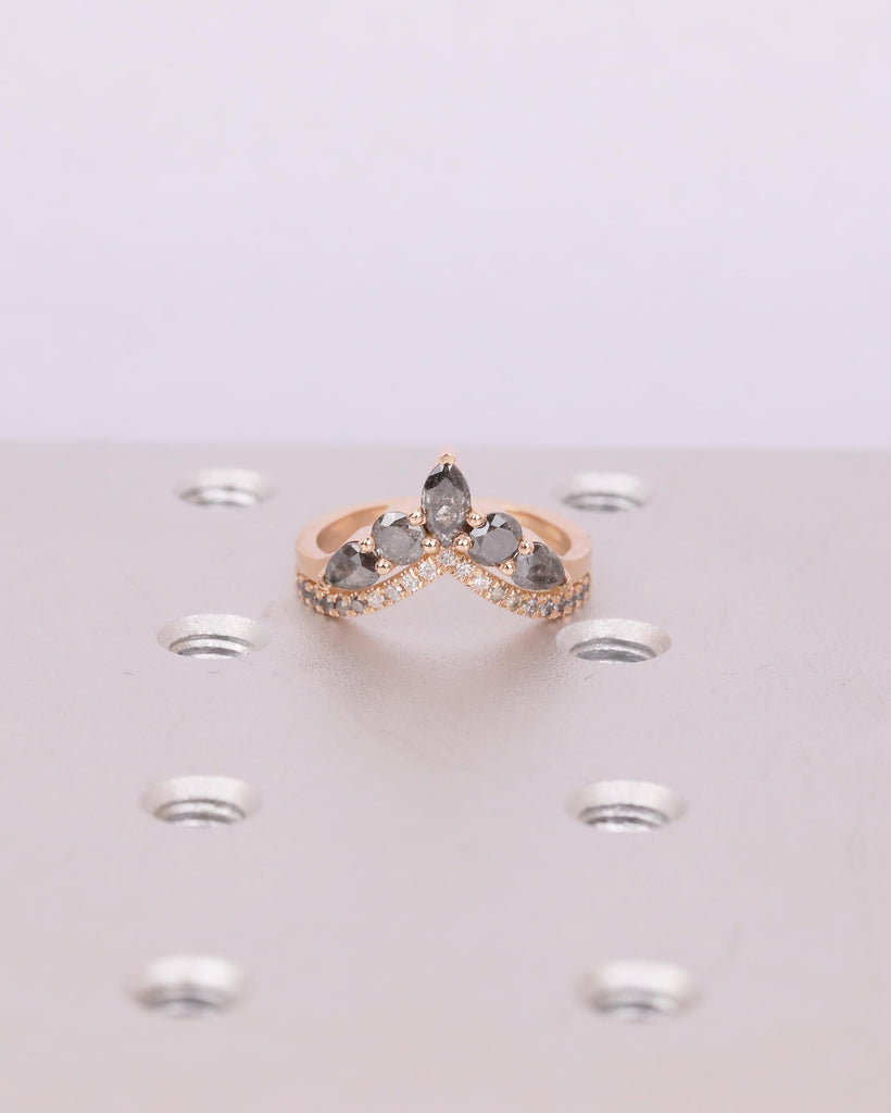 Vintage Salt and Pepper Diamond Wedding Band Women, Rose Gold Chevron Ring, Art Deco Matching Rings, Half Eternity Ring, Handmade Jewelry image #8