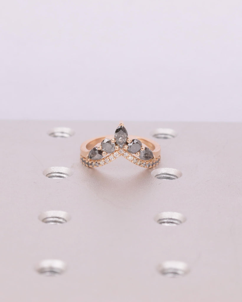 18k Rose Gold Chevron Wedding Band, Marquise Pear Round Salt Pepper Diamond Stacking Ring image #8
