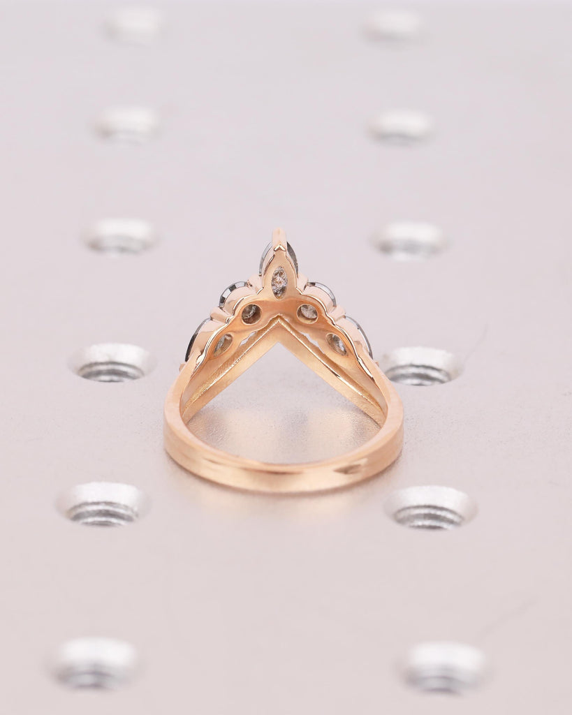 Vintage Salt and Pepper Diamond Wedding Band Women, Rose Gold Chevron Ring, Art Deco Matching Rings, Half Eternity Ring, Handmade Jewelry image #6