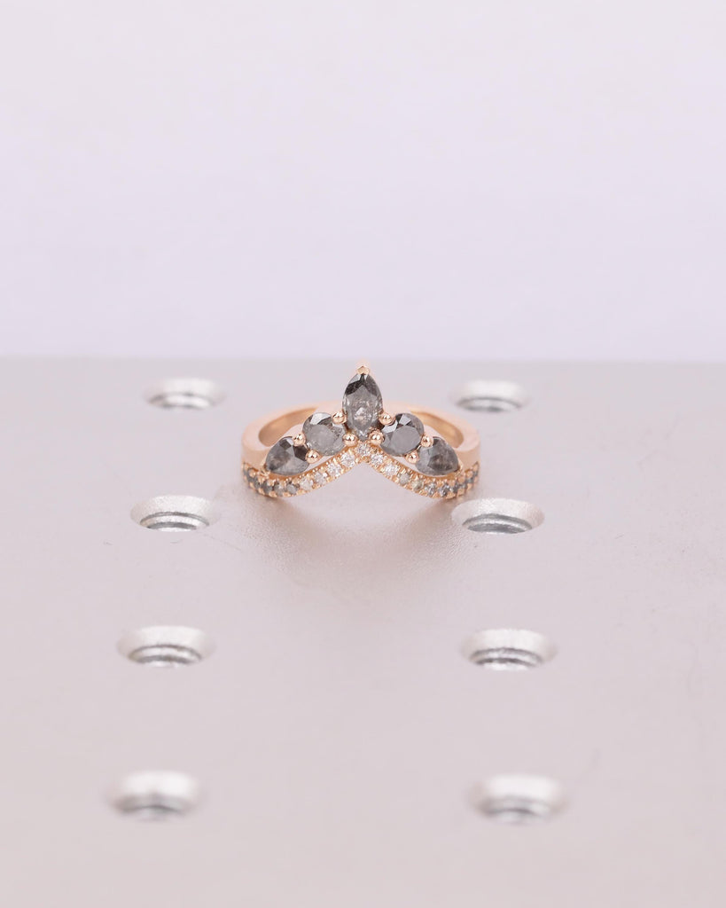 Vintage Salt and Pepper Diamond Wedding Band Women, Rose Gold Chevron Ring, Art Deco Matching Rings, Half Eternity Ring, Handmade Jewelry image #1