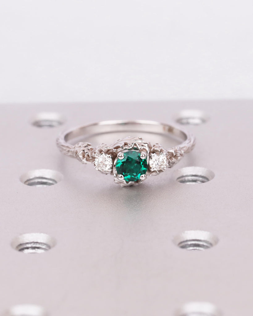 Solid Gold Emerald Ring, Nature Ring with Sculpted Leaves, Forest Leaf and Vine Ring, Floral Engagement Ring, May Birthstone, Promise Ring image #4