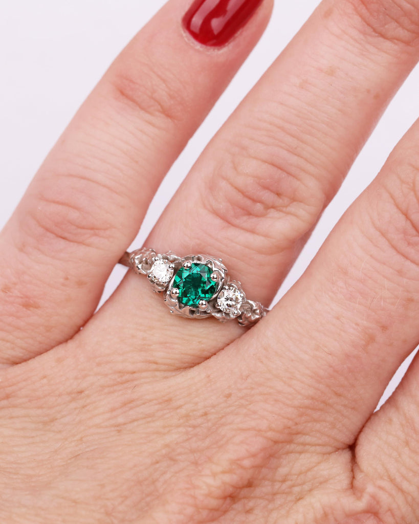 Solid Gold Emerald Ring, Nature Ring with Sculpted Leaves, Forest Leaf and Vine Ring, Floral Engagement Ring, May Birthstone, Promise Ring image #2