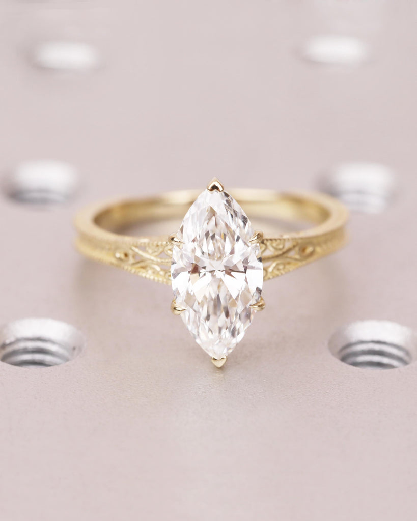 Vintage Filigree 2ct Lab Diamond Engagement Ring, IGI Certified, Marquise Cut Solitaire Ring, Heirloom Jewelry, 14k Solid Gold image #3