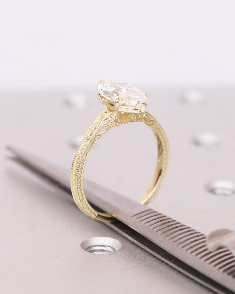 Vintage Filigree 2ct Lab Diamond Engagement Ring, IGI Certified, Marquise Cut Solitaire Ring, Heirloom Jewelry, 14k Solid Gold image #6